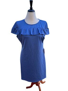 Blue Ruffle Neckline Short Sleeve Dress Size XL Polyester Blend USA Made